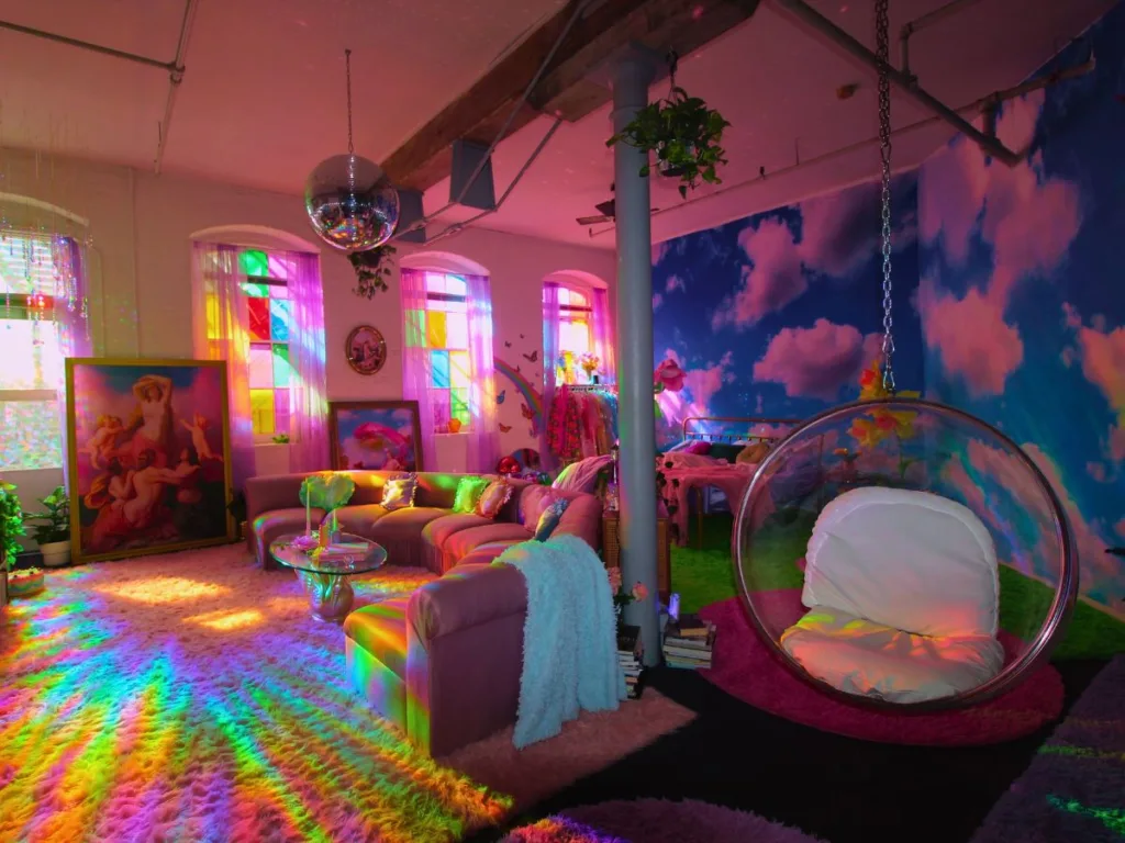 Wide view of a rainbow-lit dreamcore apartment with floating chair, pastel sofa, and psychedelic wall art.