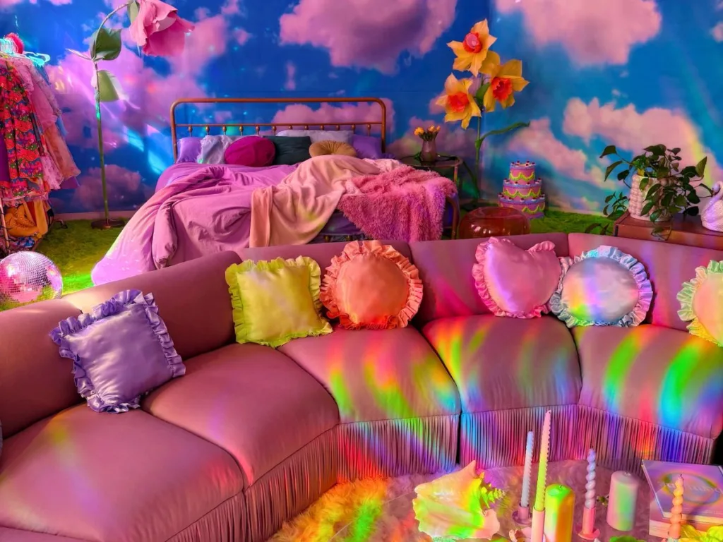 Detail of pastel couch with rainbow reflections and ruffled satin pillows in a dreamcore apartment