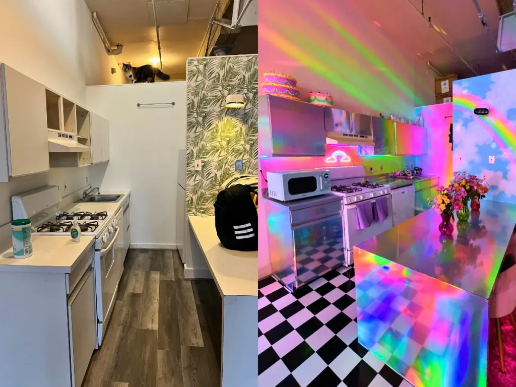 Side-by-side view showing the dramatic transformation of a plain kitchen into a colorful, rainbow-lit space.