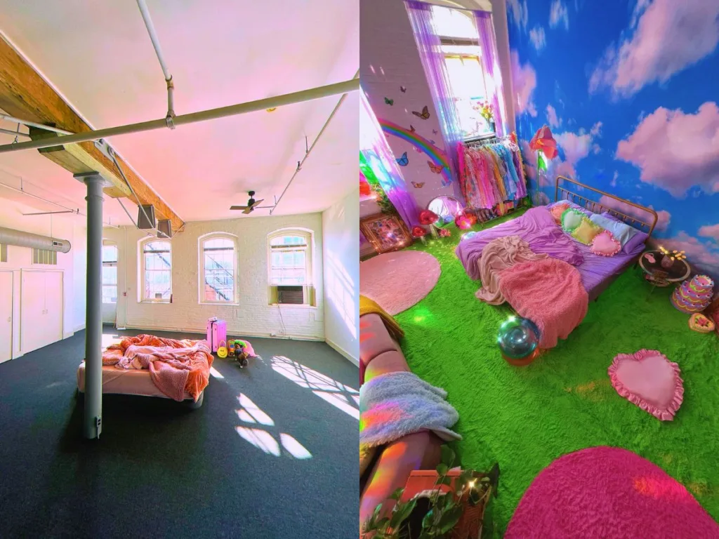 Side-by-side before and after showing a plain studio room transformed into a colorful dreamcore loft bedroom.