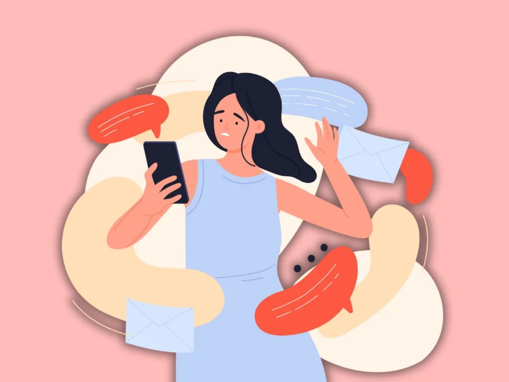 Illustration of a woman looking overwhelmed while checking her phone, surrounded by stress-inducing notifications and speech bubbles