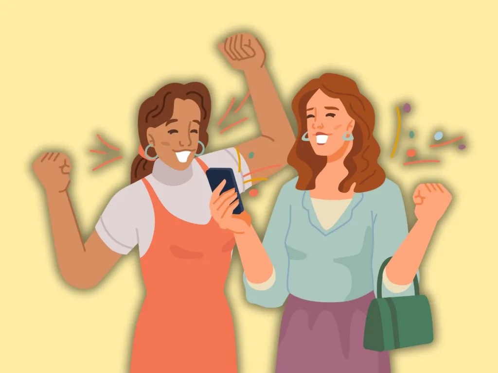 Illustration of two smiling women celebrating and looking at a phone, surrounded by confetti and cheerful decorations.