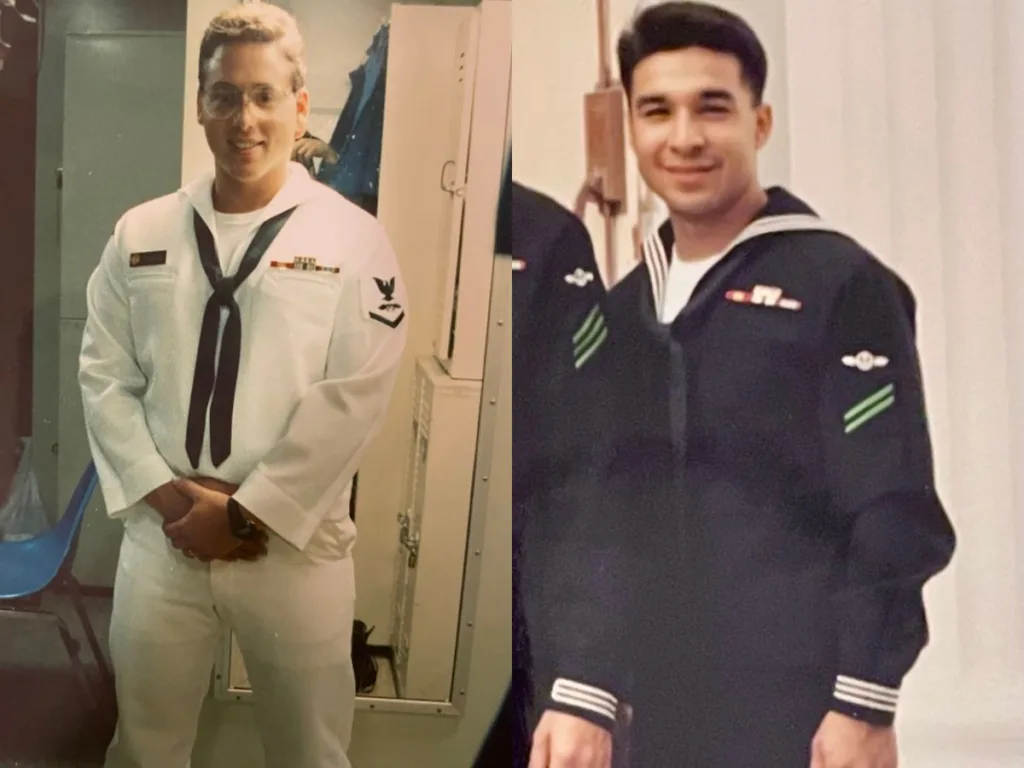 Two young men in Navy uniforms pose during their time in military service.