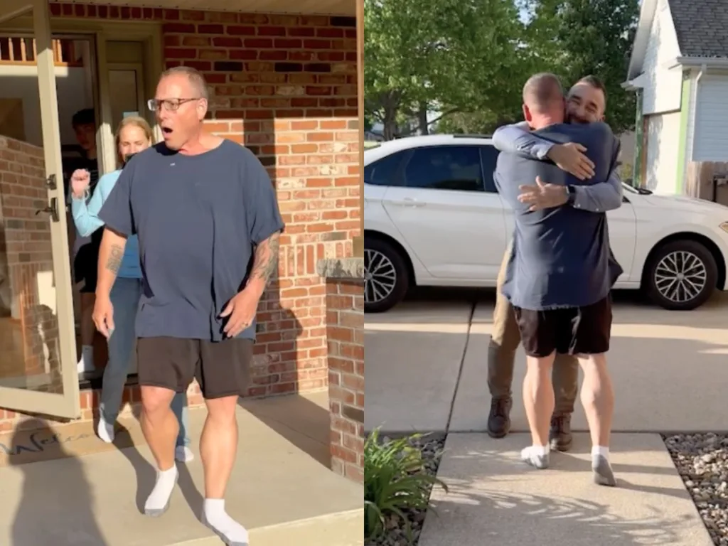 Navy veteran tears up before hugging his long-lost battle buddy in a driveway reunion.