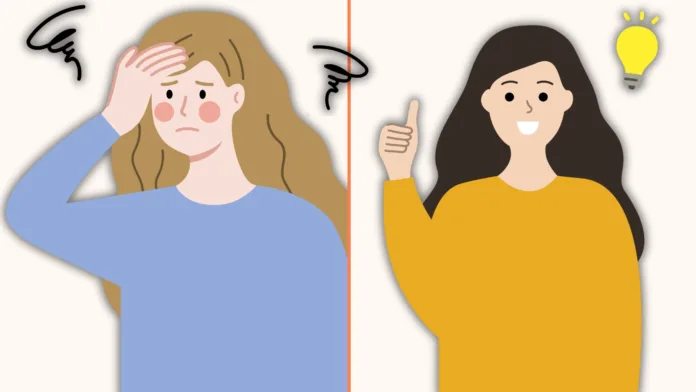 Illustration of a stressed woman on the left and a cheerful woman giving a thumbs up on the right, symbolizing a shift from worry to positivity.