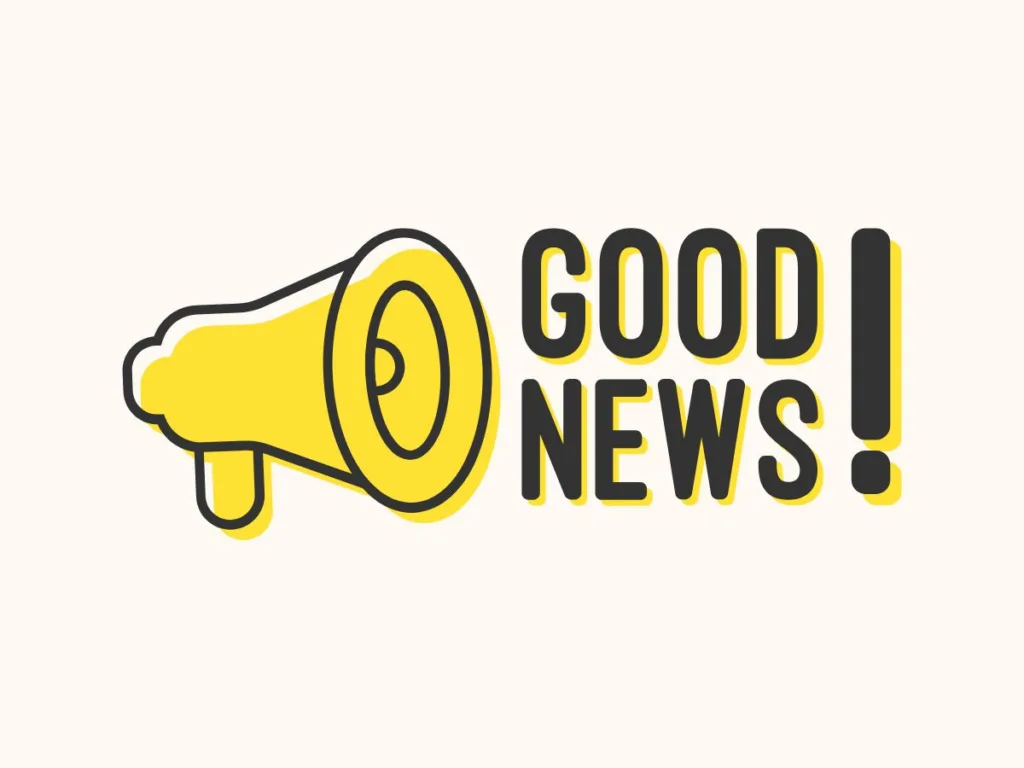 Illustration of a bright yellow megaphone next to the words “Good News!” in bold letters on a pale background.