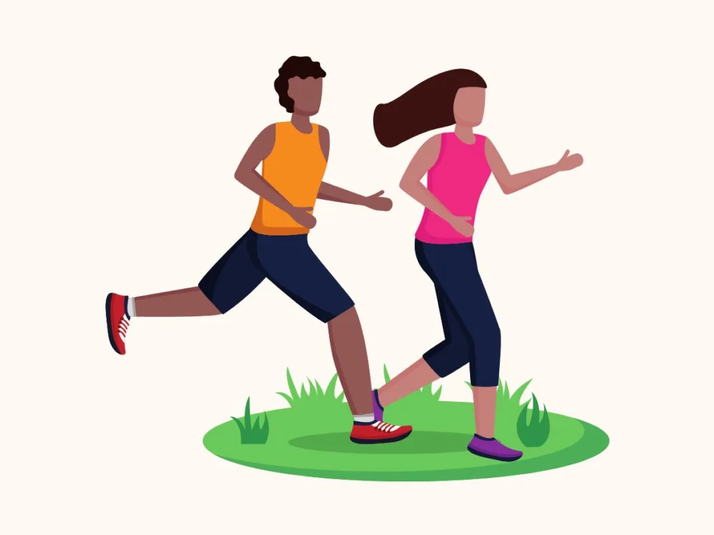 Cartoon-style illustration of two people jogging outdoors on grass, wearing athletic gear and smiling.