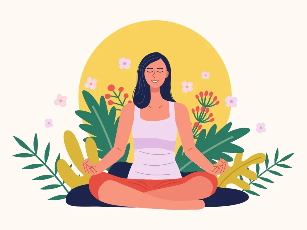 Smiling woman meditating outdoors with plants and flowers in the background, surrounded by soft, calming colors.