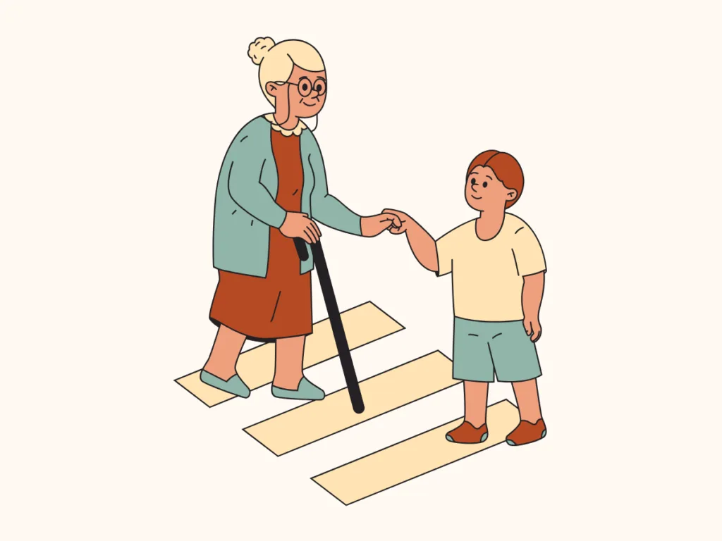 Illustration of a young boy helping an elderly woman cross the street while holding her hand.