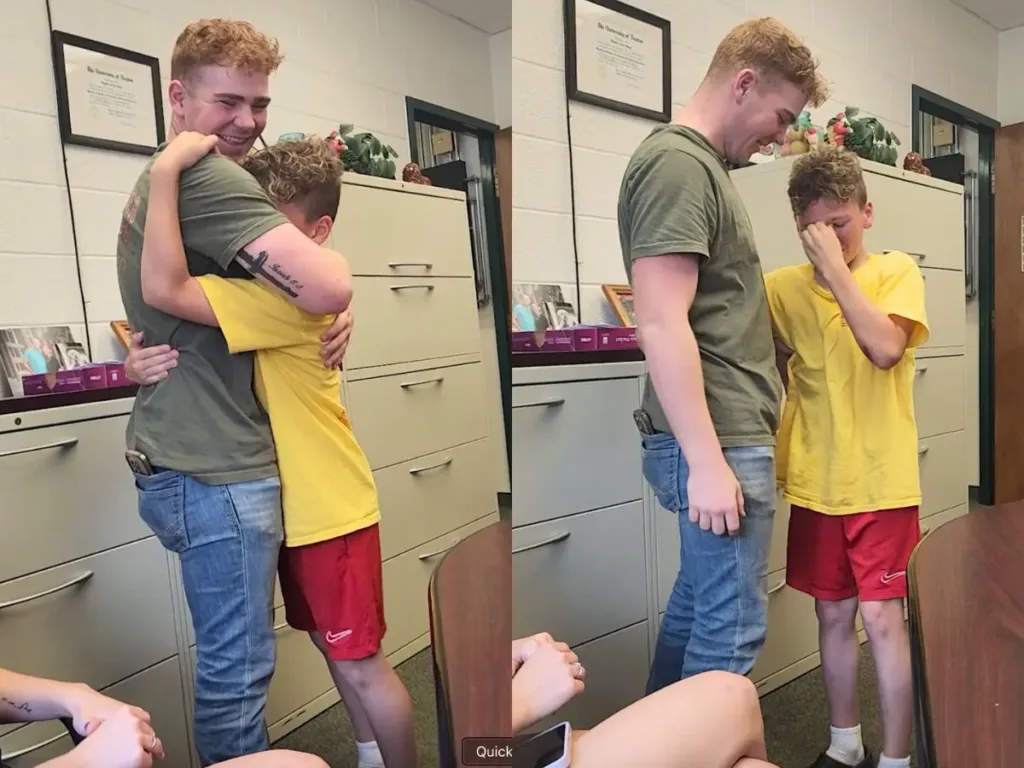 A split image of Brandon and Koen hugging and Koen wiping away tears during their emotional reunion in the principal’s office.