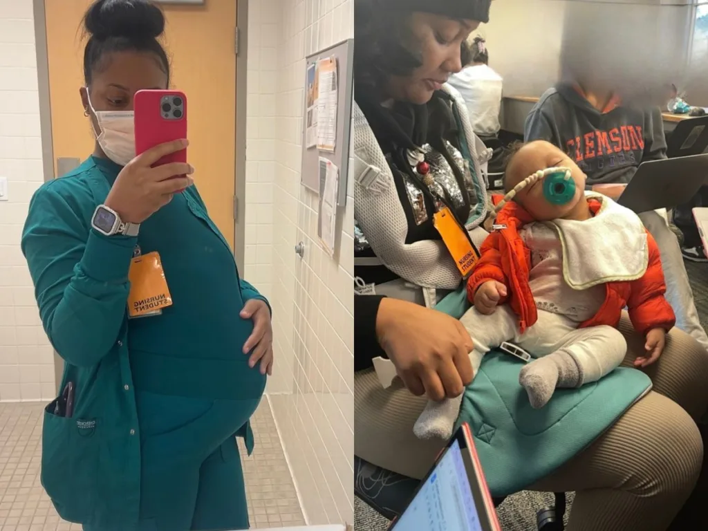 Split image showing Jada pregnant in scrubs and later attending class with her baby.