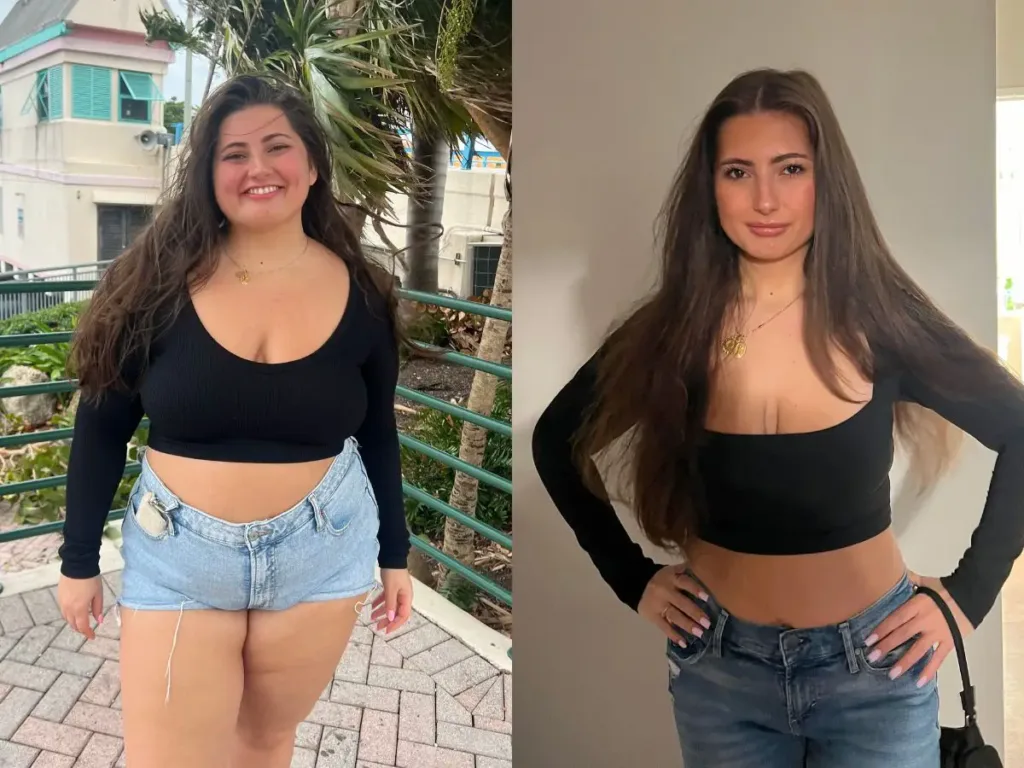 Transformation collage showing Sarah before and after her natural weight loss journey, with a significant drop in body weight