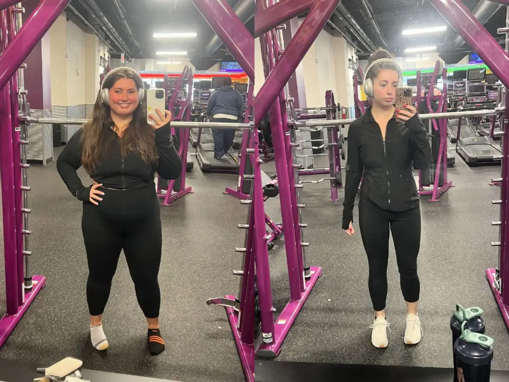 Side-by-side gym selfies of Sarah before and after losing 94 pounds through her natural weight loss journey.