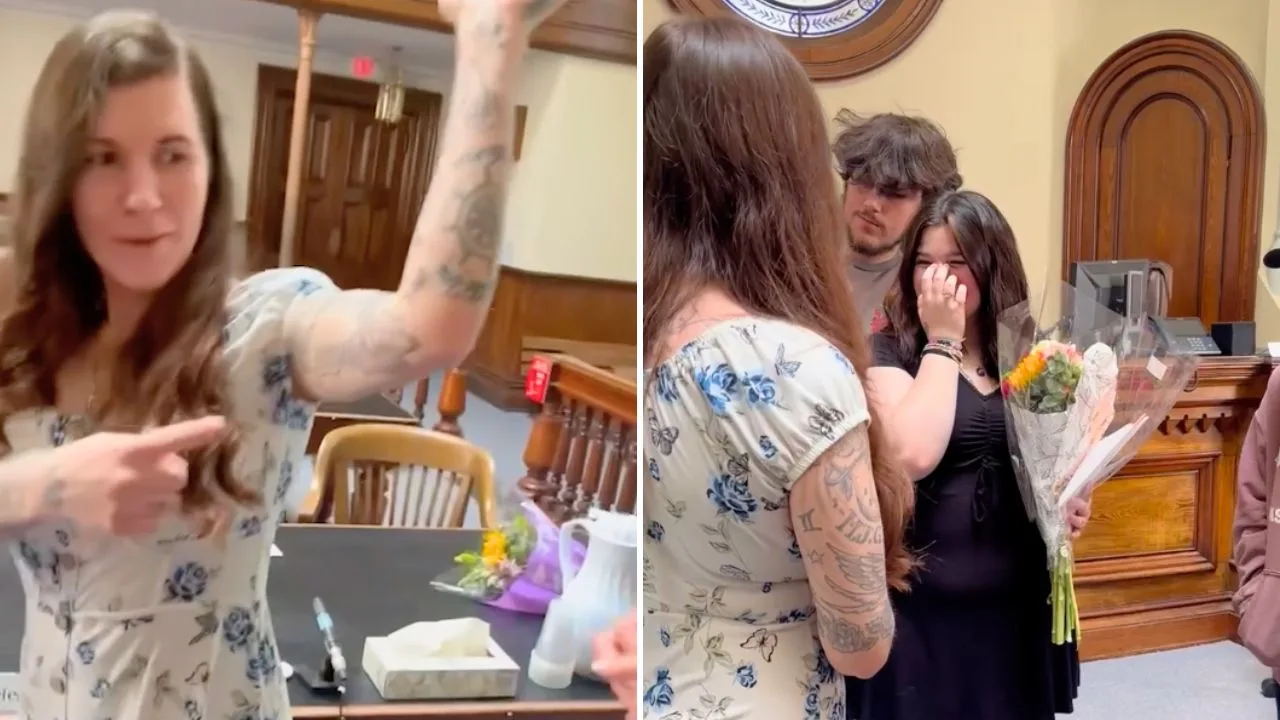 Side-by-side images show mom pointing to her forearm and a close-up of the new name inked on a family tree tattoo.