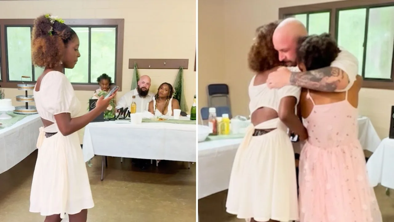 Groom embraces two young girls in a tight hug inside the reception hall.