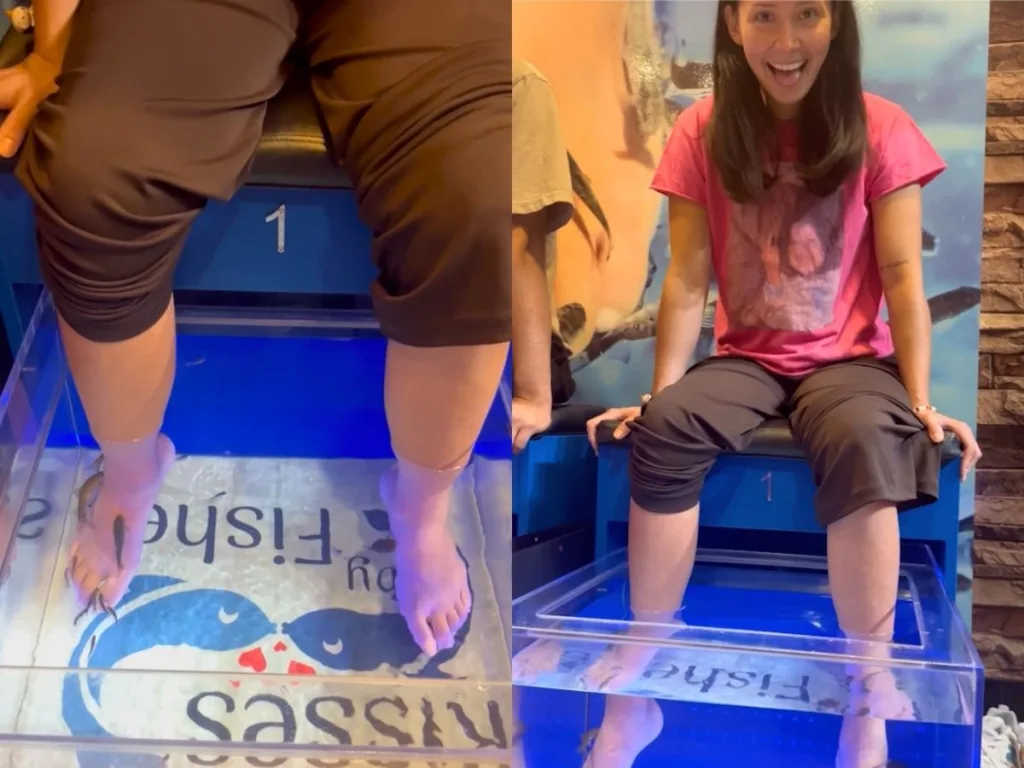 A paralyzed woman recieves a fish pedicure.