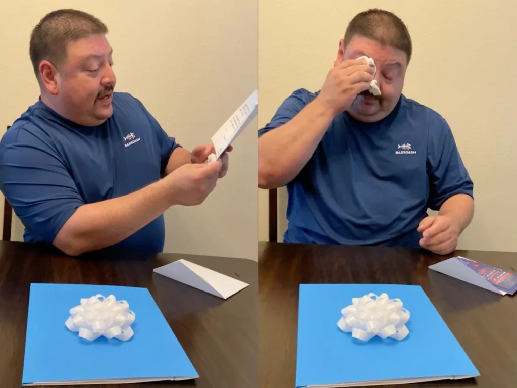Split image showing Steven Lopez reading adoption papers and wiping tears after stepdaughter's Father's Day surprise.