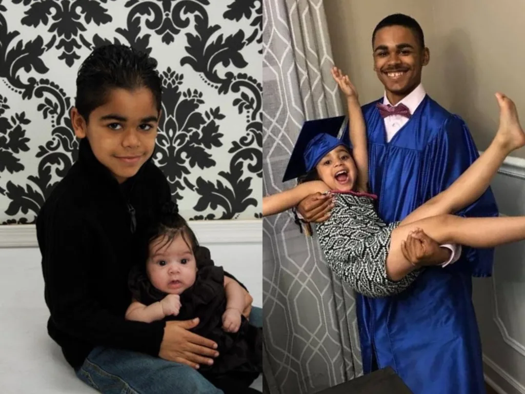 Two throwback photos show Chris and Alexa at younger ages, including one in graduation attire.