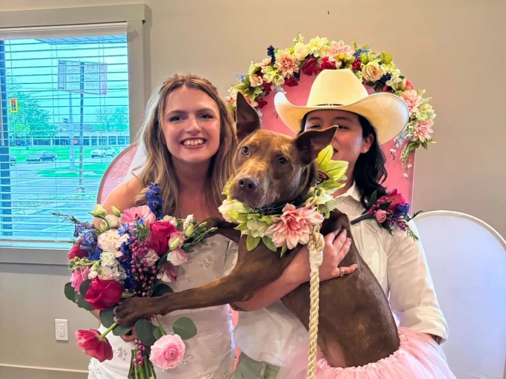Two newlyweds smile while holding their brown rescue dog wearing a floral collar and pink tutu.