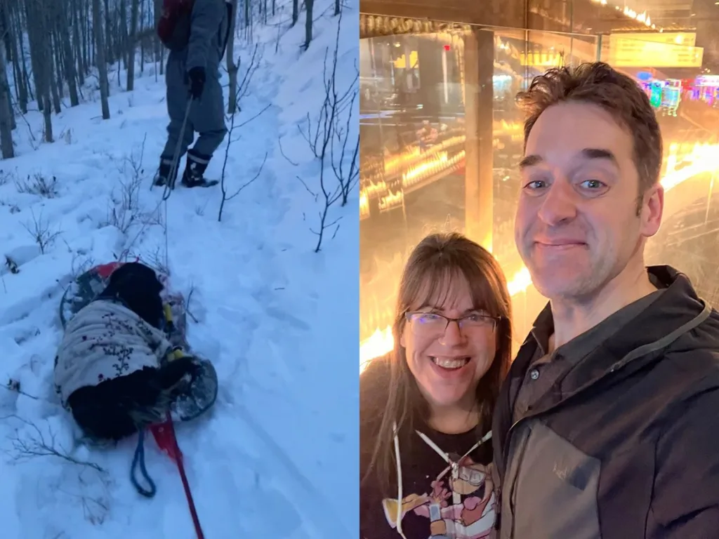 A dog wrapped in blankets rides on a sled in the snow beside a selfie of a smiling couple indoors.
