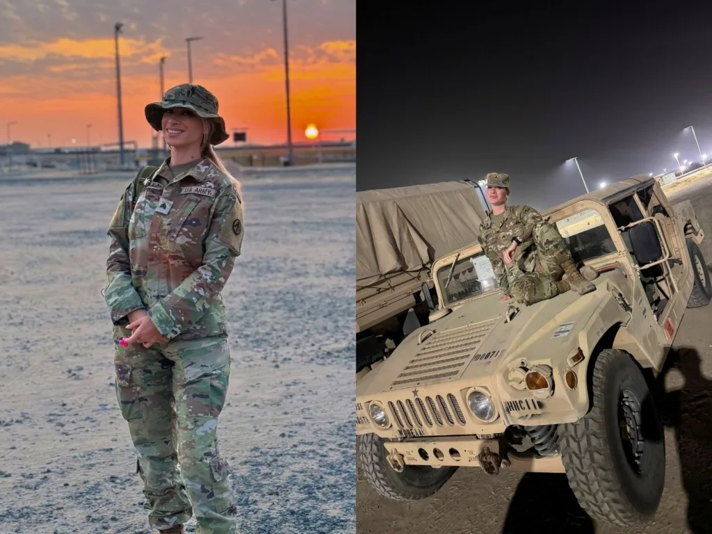 A two-photo collage shows Sgt. Yoamna Rodriguez in U.S. Army Reserve uniform during deployment, including one shot at sunset and another by a military vehicle at night.