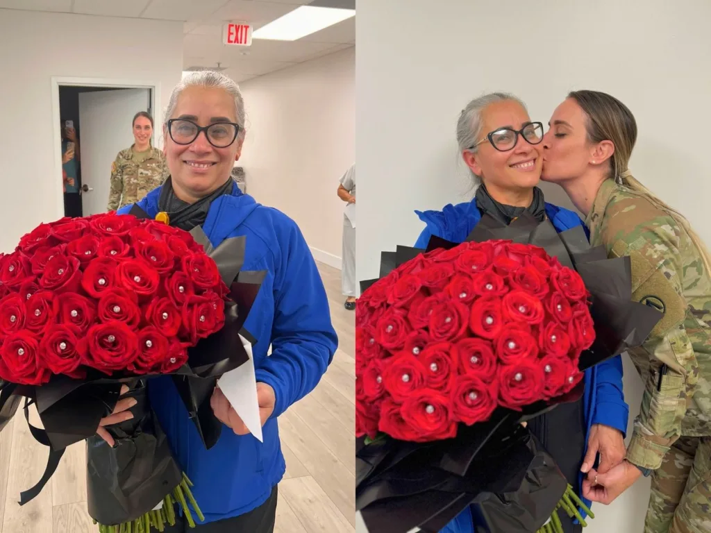 A side-by-side collage shows Idolidia Baez holding a bouquet of red roses as Sgt. Yoamna Rodriguez appears behind her, then kisses her mom on the cheek.