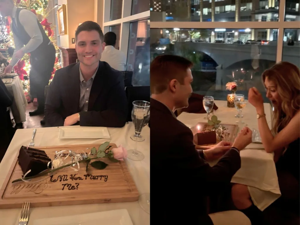 Will smiles at a table beside a dessert board that reads “Will You Marry Me?”