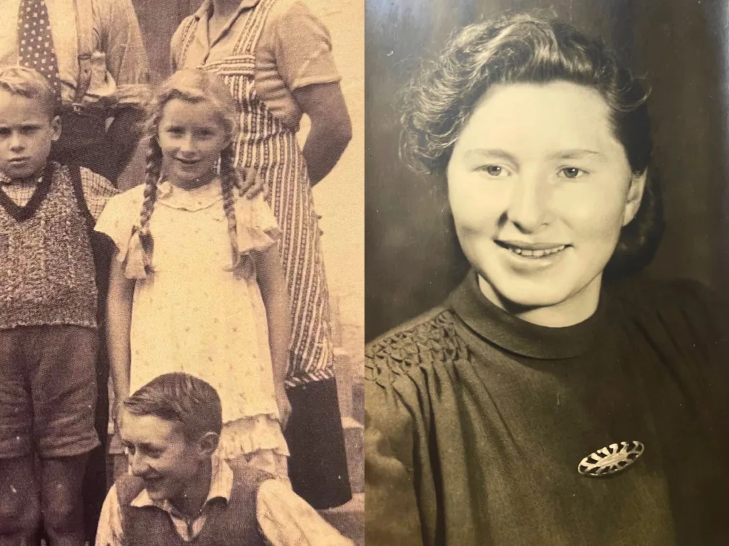 Side-by-side vintage photos showing a young girl in a group picture and a black-and-white portrait of a young woman.