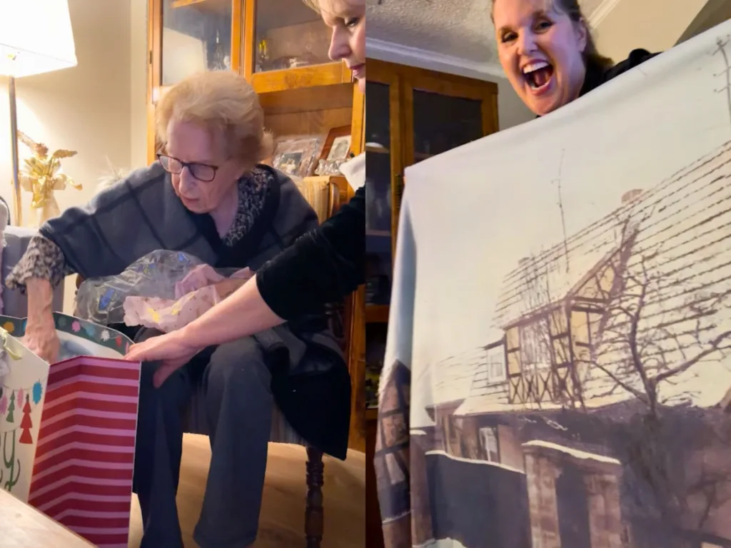 Split image of a grandma reaching into a gift bag beside a large blanket printed with a farmhouse.