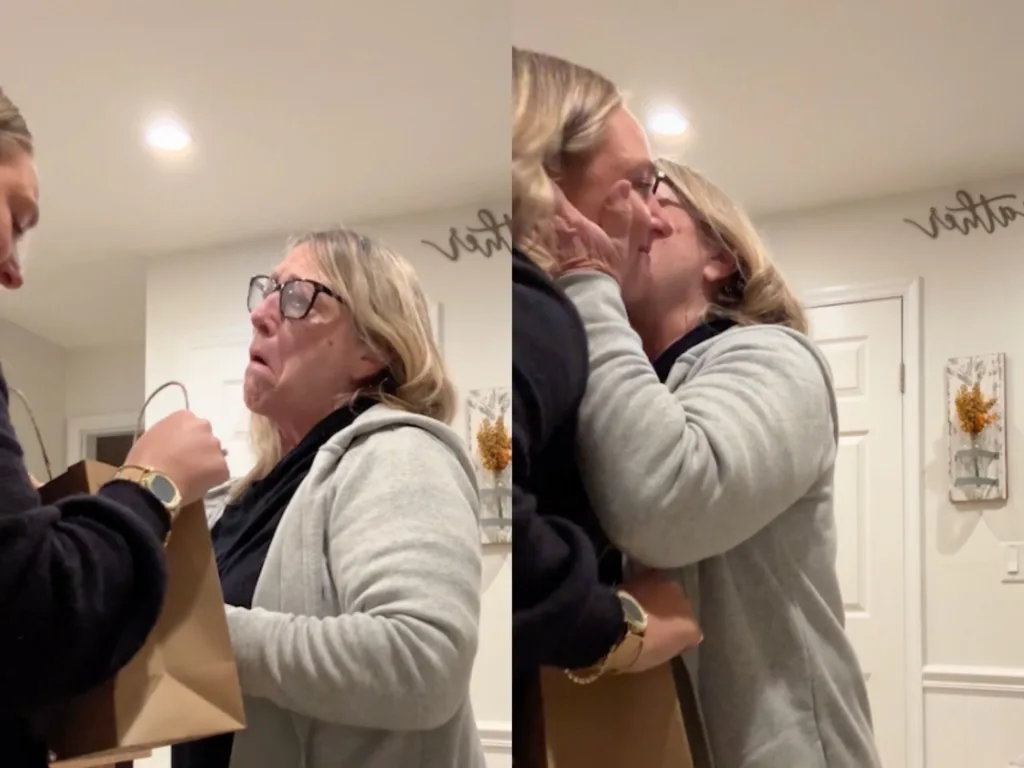 A split image shows Teresa’s shocked reaction, then Teresa hugging Brooke during the surprise.