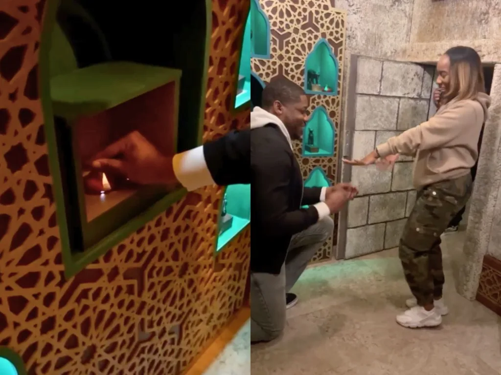 Split image shows a hand placing a ring into a hidden compartment and Michael kneeling to propose to Jazmine inside a themed escape room.