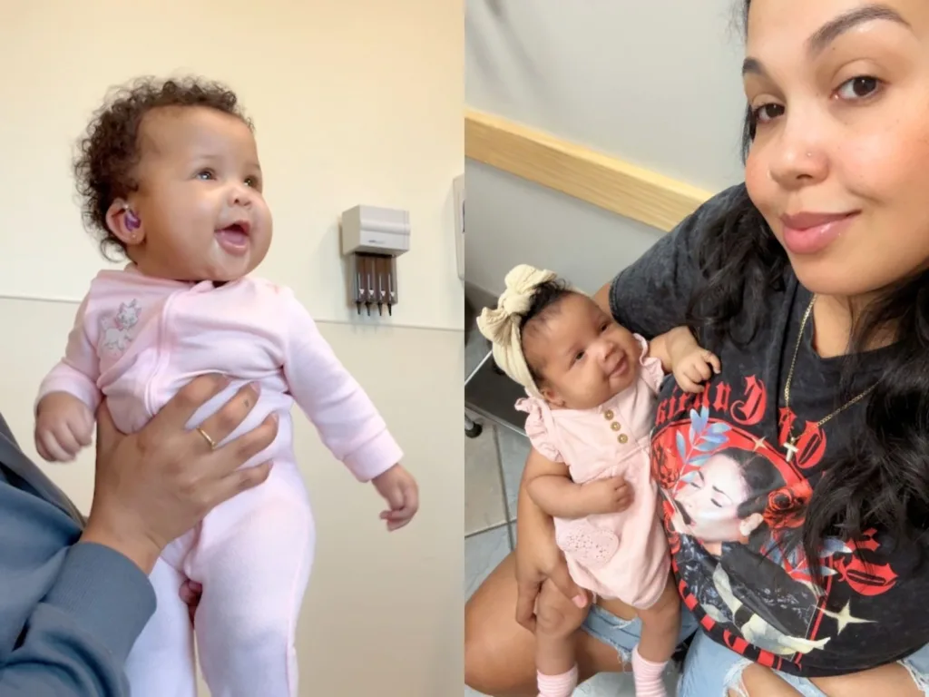 Tanaya smiles in a clinic while wearing purple hearing aids, alongside a selfie of Tameika holding Tanaya in a pink outfit.