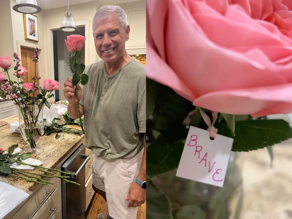 A split image shows Rob holding a pink rose in a kitchen, next to a close-up of a pink rose with a small tag that reads “BRAVE”