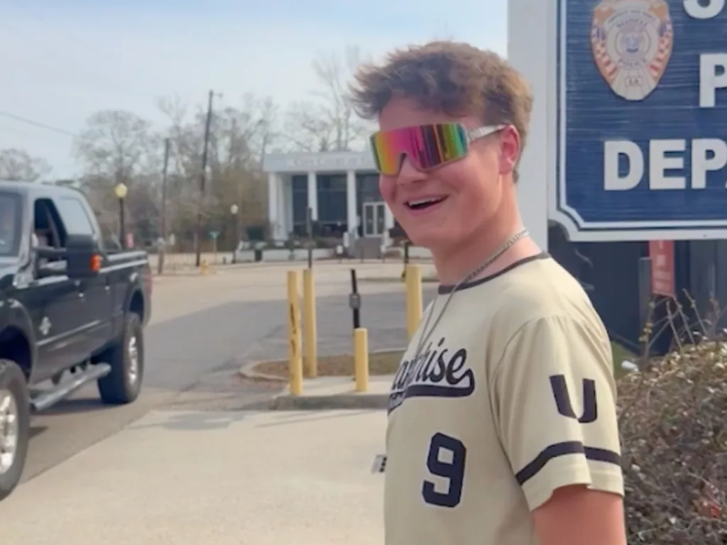 Levi stands outside smiling as he first spots the truck that once belonged to his late father