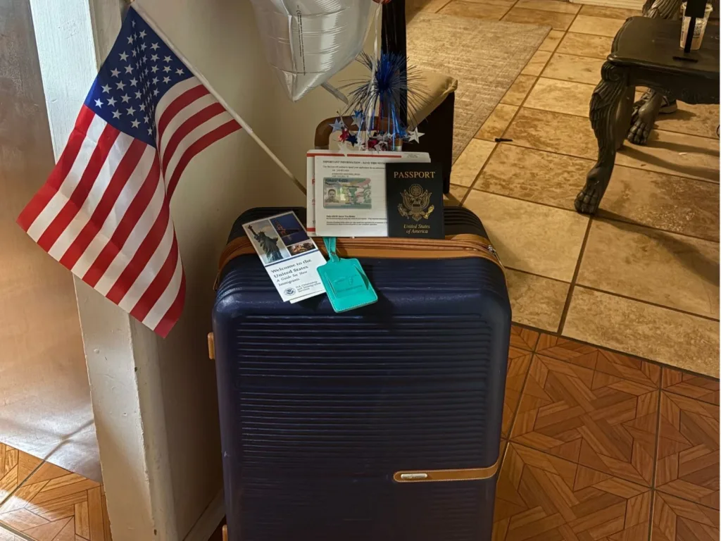 Split image showing Hugo’s Green Card surprise setup and Hugo reacting as he walks through the door and sees the news.