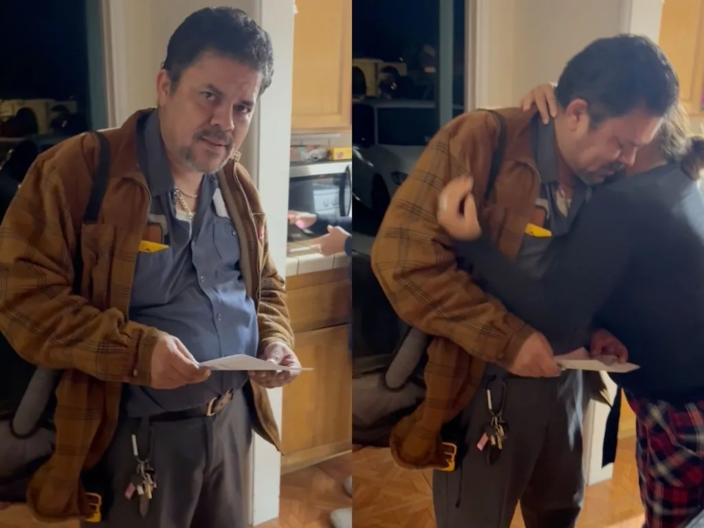 Split image showing Hugo holding the letter with his Green Card and then embracing a family member as the surprise sinks in.