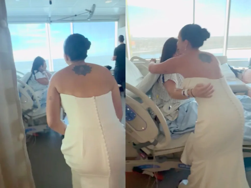 Skye, wearing her wedding dress, hugs Hannah in her hospital room after arriving with the wedding party.