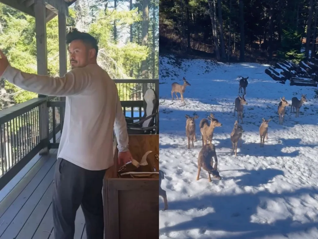 Christian stands on a porch looking out at wild deer gathering in the snow near Railey’s family home.