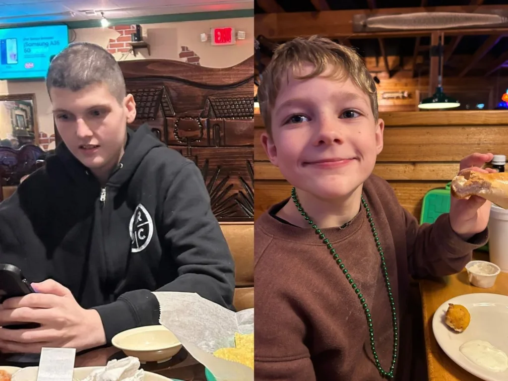 Justin and Noah sit together at a restaurant table in a side-by-side photo collage.