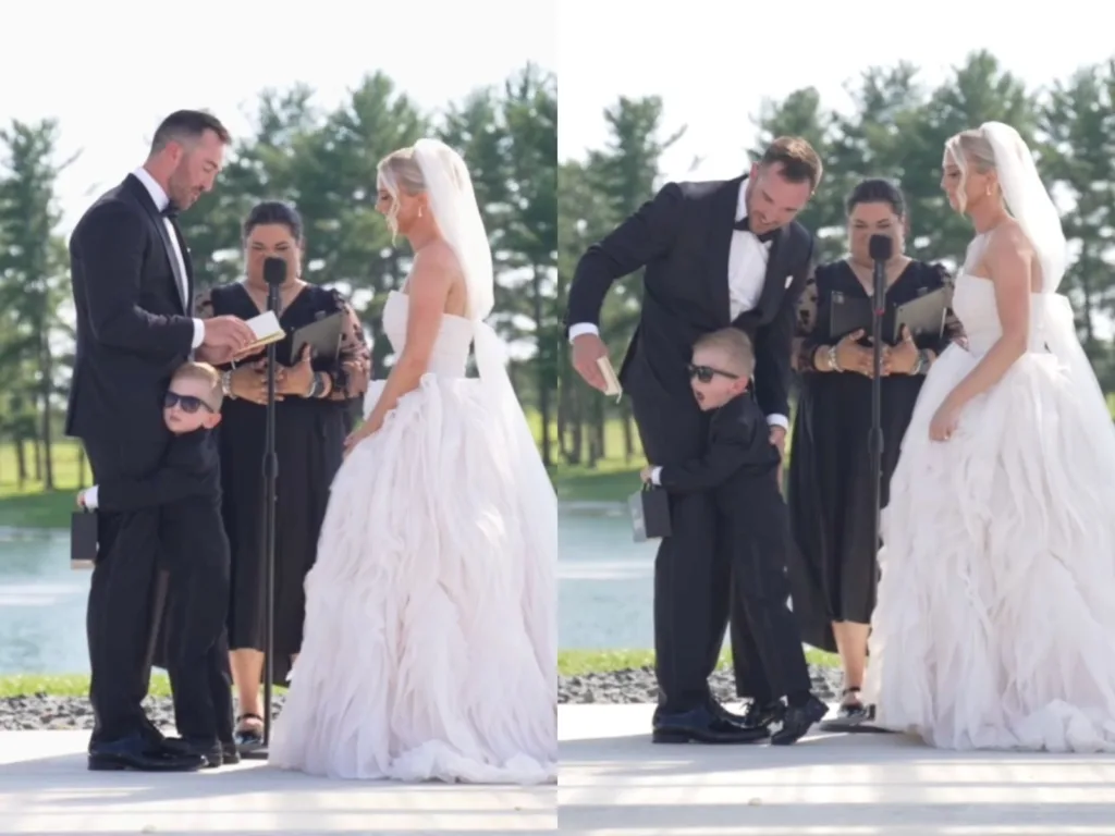 Split wedding image showing Josh reading at the altar as Levi, wearing sunglasses and a black suit, hugs him beside Lexie during the outdoor ceremony.