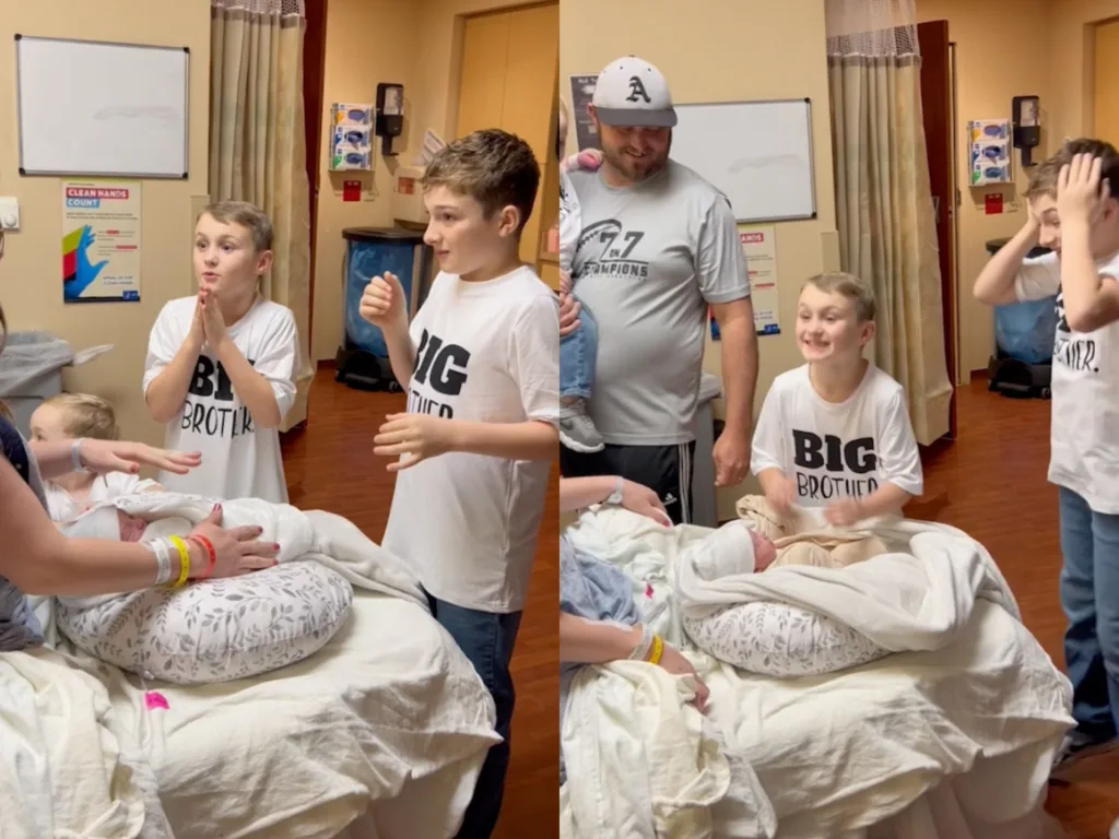 Layken and Liam begin unwrapping their newborn sibling’s blanket in the hospital while Lane watches closely.