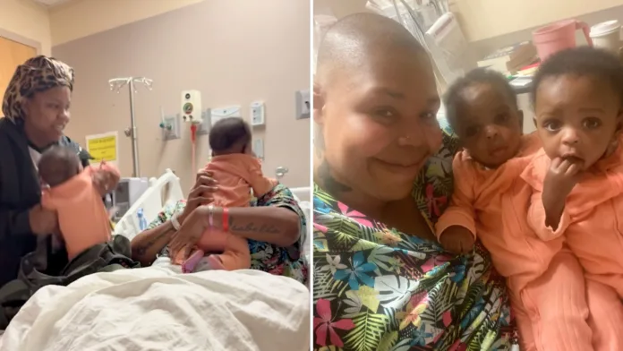 Side-by-side images show Brittany’s hospital surprise and Monique smiling with baby twins Teagan and Tatum