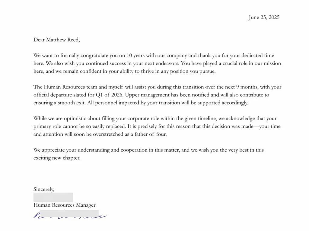 The fake HR letter Heather wrote to Matt, using corporate wording to disguise her pregnancy announcement.
