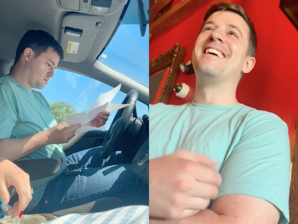 Matt reacts after reading the fake layoff letter Heather used to surprise him with baby number four.