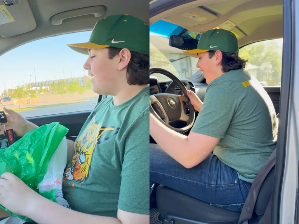 Gage holds the keys to his late father’s truck before sitting behind the wheel.
