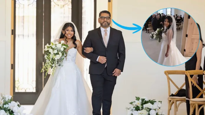 Adrian and Adrienne walk down the wedding aisle with an inset showing the Meta Glasses point-of-view video.