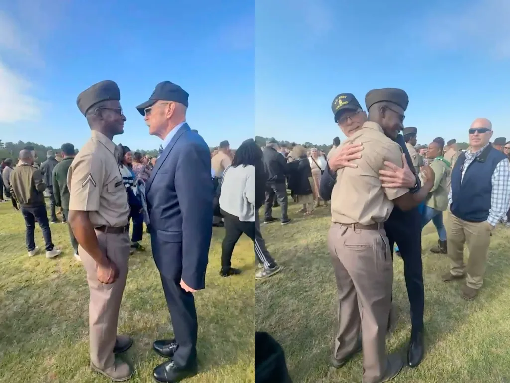 Edward embraces Roger after his veteran grandfather taps him out at Army graduation.
