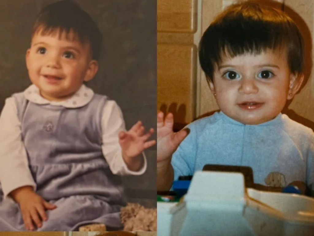 Childhood photos of Rachel and Emelie, who were adopted to different countries as babies
