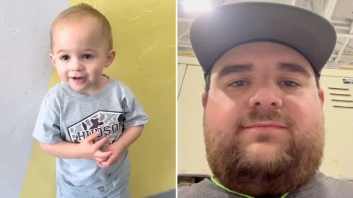 Split-screen image showing a young daycare child smiling beside a man wearing a cap, from a video where kids guessed their parents’ jobs.