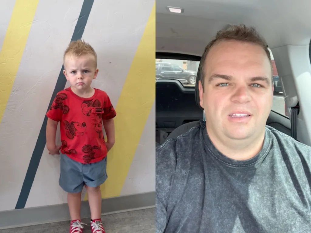 Split-screen image showing a young boy in a red shirt standing against a colorful wall beside a man sitting in a car.